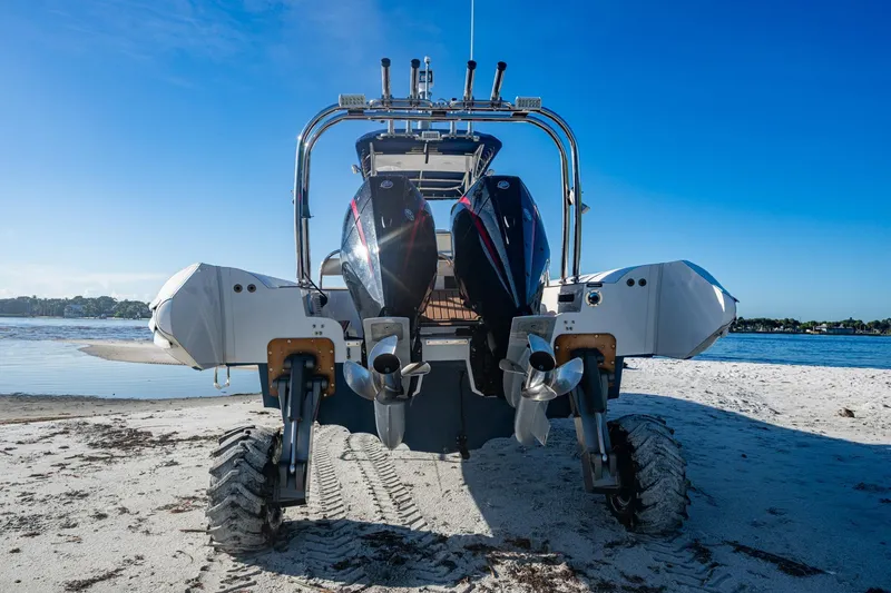 No Name Yacht Photos Pics 2023 Ocean Craft 38 amphibious boat on sandy beach with dual engines.