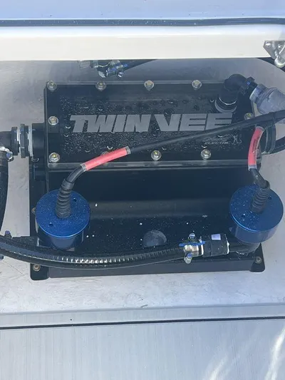  Yacht Photos Pics 2024 Twin Vee 400 GFX engine compartment with visible wiring and components.