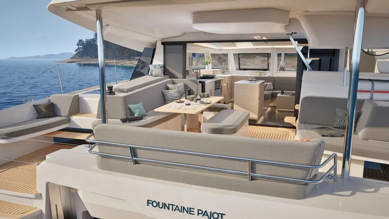 Fp 44 In St. Thomas, Usvi. Ex-factory April 2026 Yacht Photos Pics Luxurious 2026 Fountaine Pajot 44 catamaran interior with elegant seating and dining area.