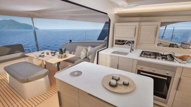 Fp 44 In St. Thomas, Usvi. Ex-factory April 2026 Yacht Photos Pics Luxurious interior of 2026 Fountaine Pajot 44 yacht with modern kitchen and ocean view.