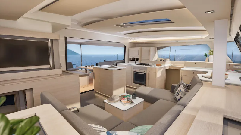 Fp 44 In St. Thomas, Usvi. Ex-factory April 2026 Yacht Photos Pics Luxurious interior of 2026 Fountaine Pajot 44 yacht with modern kitchen and ocean view.