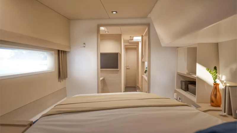 Fp 44 In St. Thomas, Usvi. Ex-factory April 2026 Yacht Photos Pics Luxurious interior of 2026 Fountaine Pajot 44 yacht cabin, featuring modern design and elegant decor.