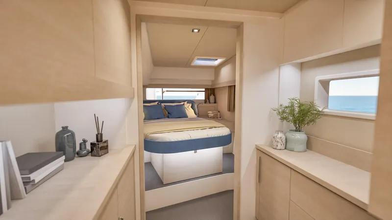 Fp 44 In St. Thomas, Usvi. Ex-factory April 2026 Yacht Photos Pics Luxurious cabin interior of 2026 Fountaine Pajot 44 yacht with modern decor and ocean view.