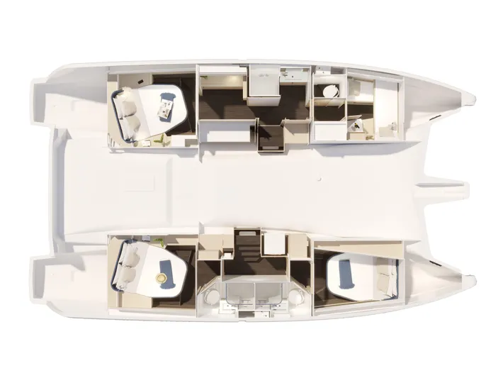 Fp 44 In St. Thomas, Usvi. Ex-factory April 2026 Yacht Photos Pics Top view of 2026 Fountaine Pajot 44 catamaran interior layout, showcasing cabins and living spaces.