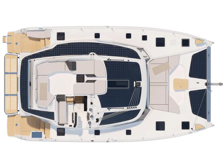 Fp 44 In St. Thomas, Usvi. Ex-factory April 2026 Yacht Photos Pics Top view of 2026 Fountaine Pajot 44 catamaran layout, featuring spacious deck and seating areas.