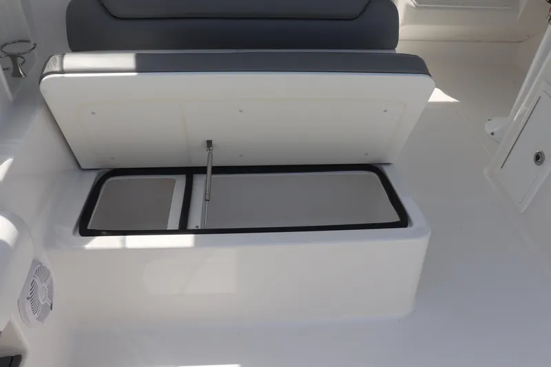 Reel Grateful Yacht Photos Pics 2021 Albemarle 31 DC boat seat with open storage compartment.