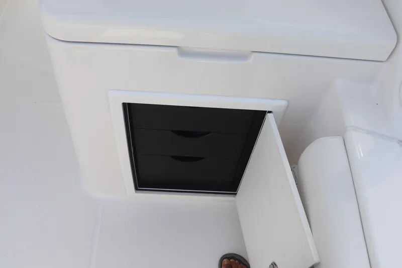 Reel Grateful Yacht Photos Pics 2021 Albemarle 31 DC boat storage compartment with open door and visible drawers.