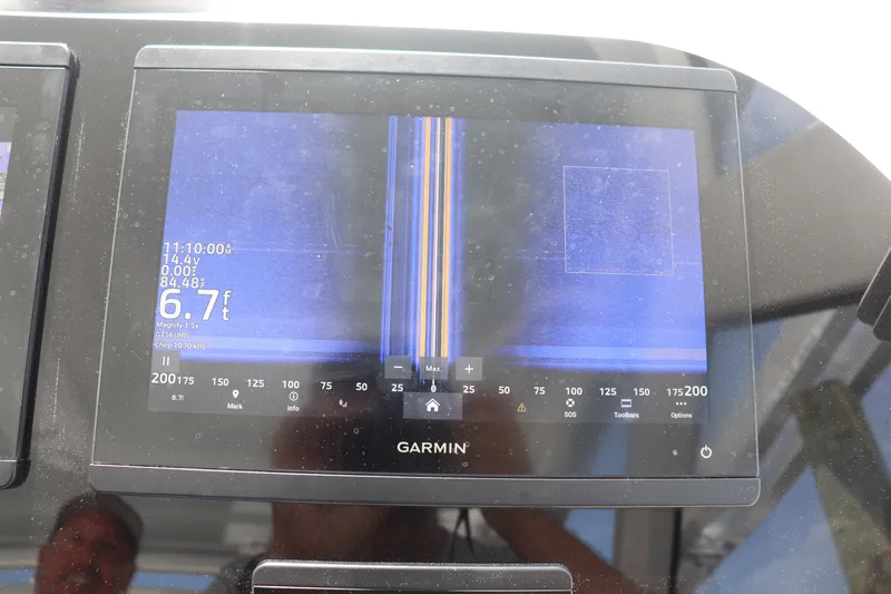 Reel Grateful Yacht Photos Pics Garmin marine display on 2021 Albemarle 31 DC, showing sonar depth of 6.7 feet.