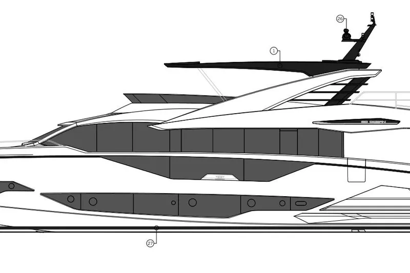  Yacht Photos Pics Side view blueprint of 2025 Sunseeker 90 Ocean luxury yacht design.