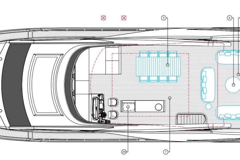  Yacht Photos Pics Top view blueprint of 2025 Sunseeker 90 Ocean yacht layout.