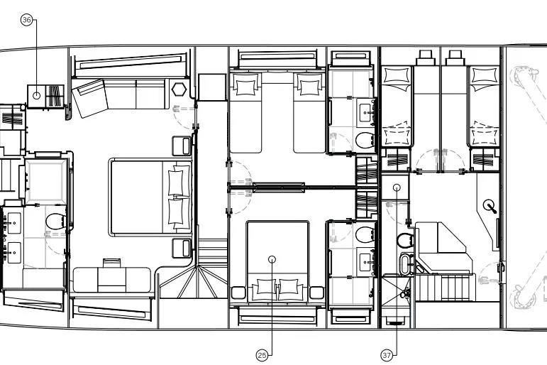  Yacht Photos Pics Floor plan of 2025 Sunseeker 90 Ocean yacht, showcasing cabin and bathroom layout.