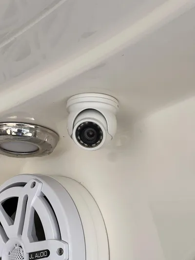 Reel Rodeo Yacht Photos Pics Security camera and speaker on 2014 Maritimo 470 Offshore Convertible yacht.