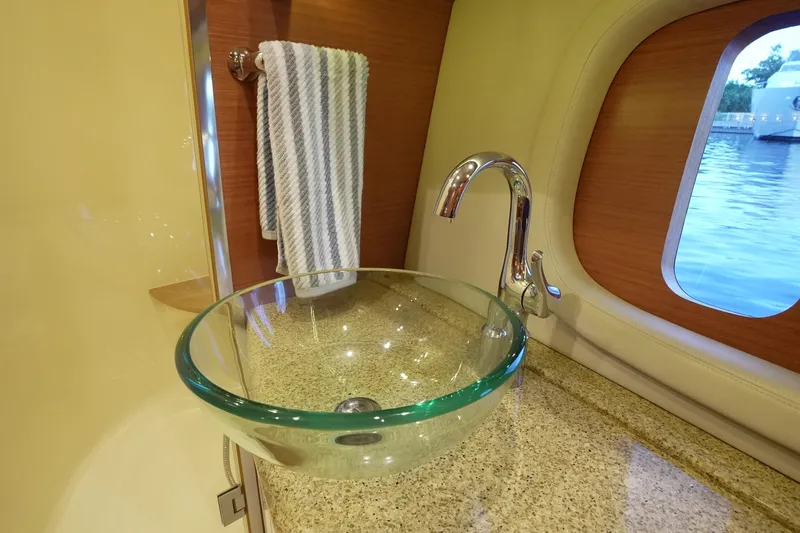 Our Trade Yacht Photos Pics Luxurious bathroom sink on 2013 Zeelander Z44 yacht with ocean view.