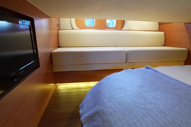 Our Trade Yacht Photos Pics Interior of 2013 Zeelander Z44 yacht with cozy seating and modern design.