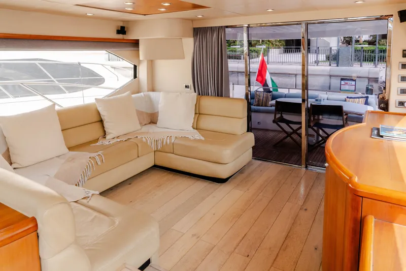  Yacht Photos Pics Luxurious interior of 2008 Sunseeker Manhattan 60 yacht with elegant seating and wooden flooring.