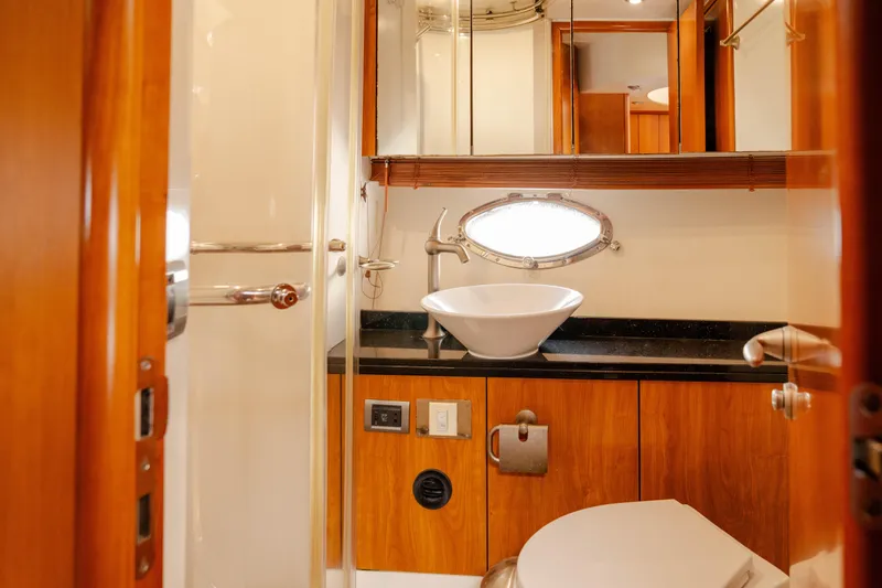  Yacht Photos Pics Luxurious bathroom in 2008 Sunseeker Manhattan 60 yacht with modern fixtures.