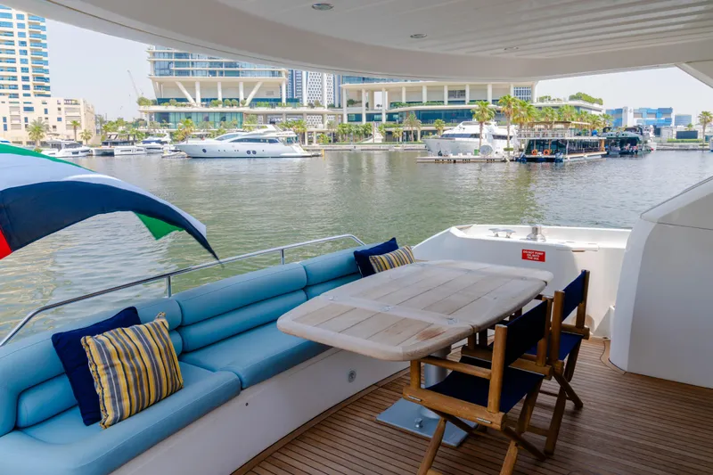  Yacht Photos Pics Luxury Sunseeker Manhattan 60 yacht deck with seating, table, and marina view, 2008 model.