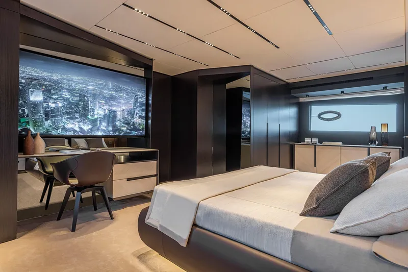  Yacht Photos Pics Luxurious interior of 2025 Pershing GTX116 yacht with modern design and cityscape view.
