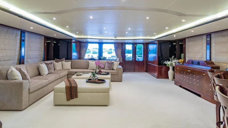 Bella Yacht Photos Pics Luxurious interior of 2005 Sensation Yachts Sensation 177 with elegant seating and decor.