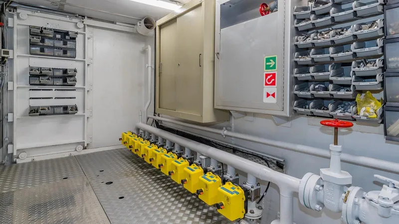 Bella Yacht Photos Pics Engine room of 2005 Sensation Yachts Sensation 177 with control panels and storage compartments.