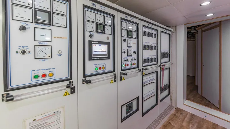 Bella Yacht Photos Pics Electrical control panel inside 2005 Sensation Yachts Sensation 177, featuring gauges and switches.