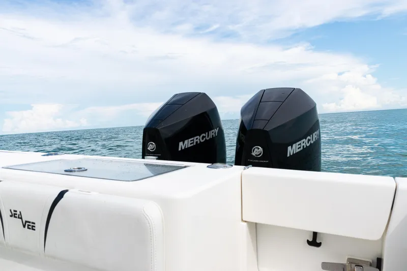  Yacht Photos Pics 2018 SeaVee 29 boat with twin Mercury engines on open water.