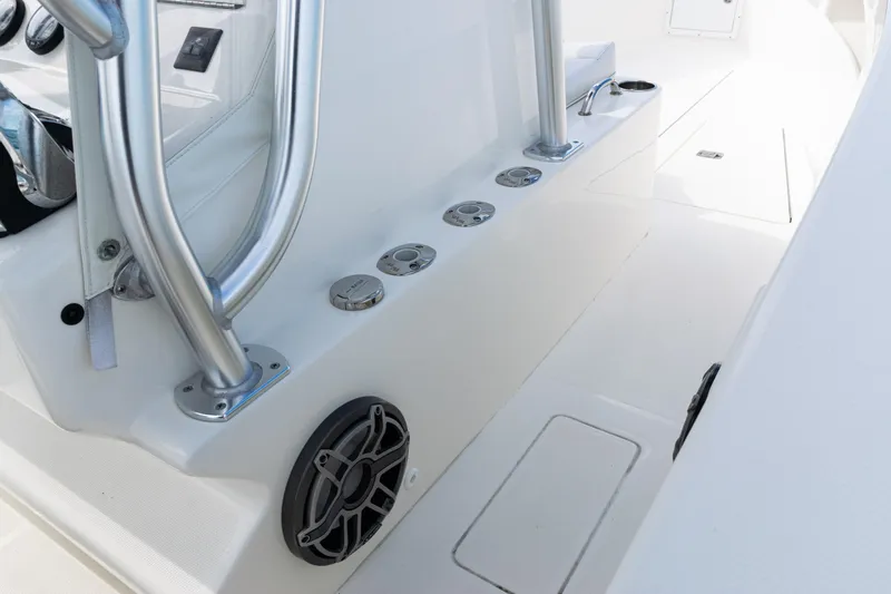  Yacht Photos Pics 2018 SeaVee 29 boat interior with stainless steel railings and speaker.