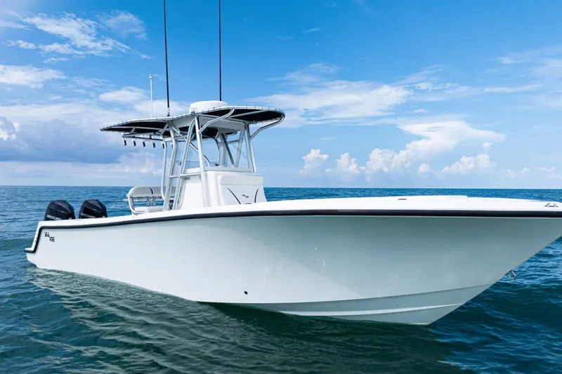  Yacht Photos Pics 2018 SeaVee 29 boat on calm ocean with clear blue sky.