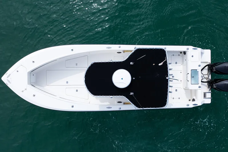  Yacht Photos Pics Overhead view of 2018 SeaVee 29 boat on water, showcasing sleek design and twin engines.