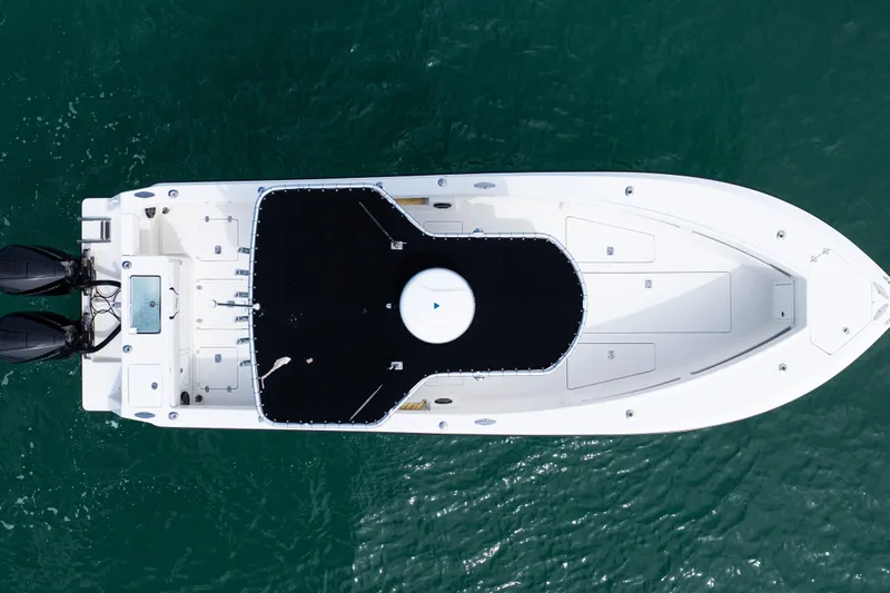  Yacht Photos Pics Overhead view of 2018 SeaVee 29 boat on water, featuring dual outboard motors.