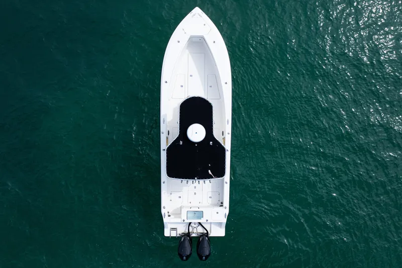  Yacht Photos Pics Aerial view of 2018 SeaVee 29 boat on open water.