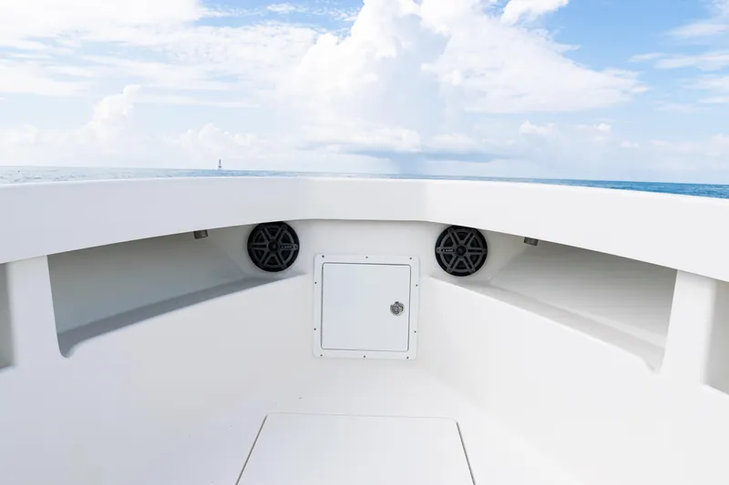  Yacht Photos Pics 2018 SeaVee 29 boat interior with speakers, ocean view, and clear sky.