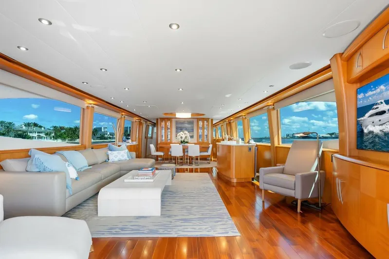 Serenity Yacht Photos Pics Luxurious 2008 Lazzara motor yacht interior with elegant seating and panoramic ocean views.