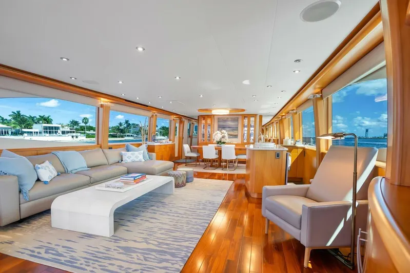 Serenity Yacht Photos Pics Luxurious 2008 Lazzara motor yacht interior with elegant seating and panoramic ocean views.