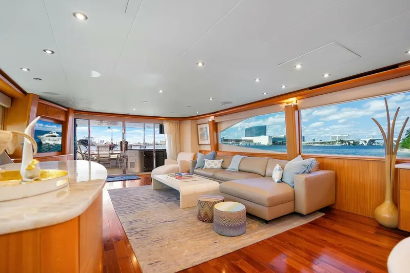 Serenity Yacht Photos Pics Luxurious 2008 Lazzara Motor Yacht interior with elegant seating and panoramic windows.