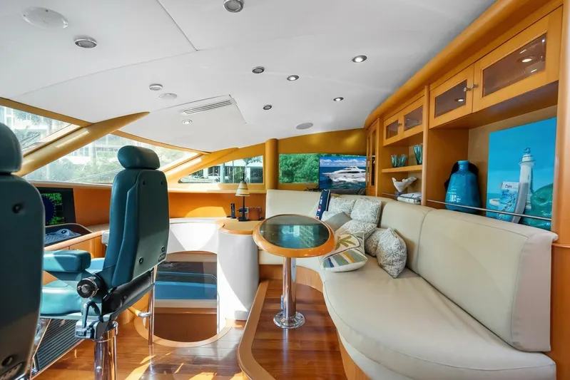 Serenity Yacht Photos Pics Luxurious interior of a 2008 Lazzara Motor Yacht with plush seating and modern decor.