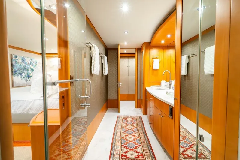 Serenity Yacht Photos Pics Luxurious 2008 Lazzara Motor Yacht interior with elegant wood finishes and modern amenities.