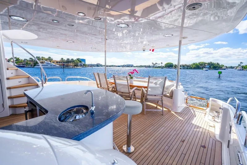 Serenity Yacht Photos Pics Luxurious 2008 Lazzara motor yacht deck with seating, bar, and ocean view.