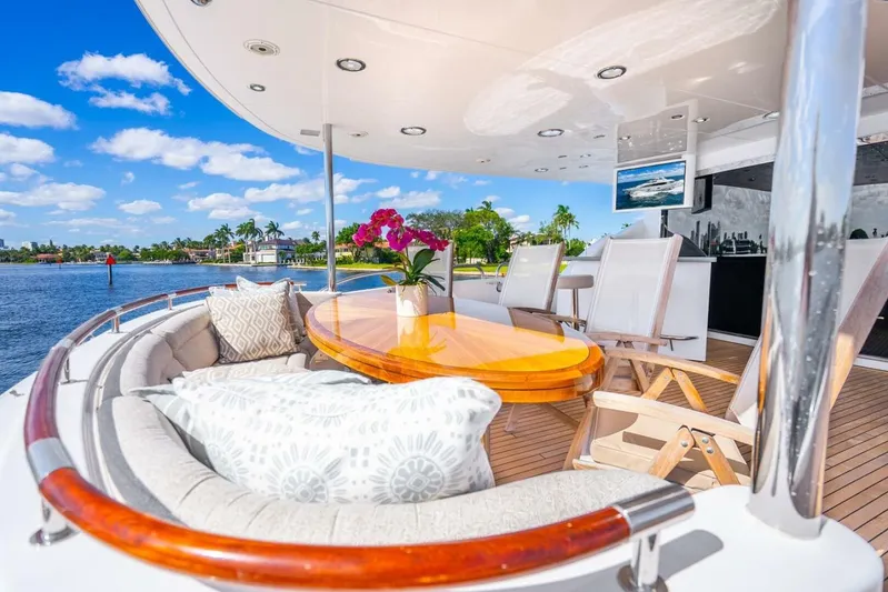 Serenity Yacht Photos Pics Luxurious 2008 Lazzara motor yacht deck with elegant seating and scenic waterfront view.