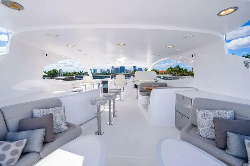 Serenity Yacht Photos Pics Luxurious 2008 Lazzara Motor Yacht interior with elegant seating and scenic views.