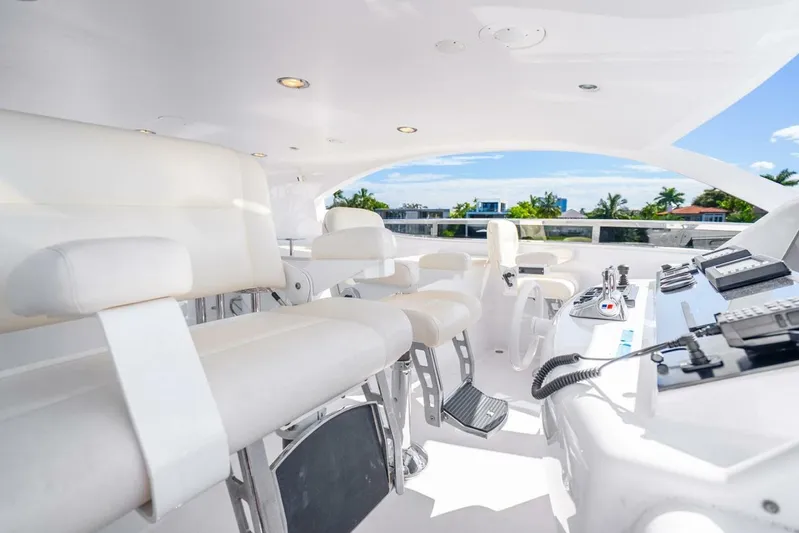 Serenity Yacht Photos Pics Luxurious 2008 Lazzara Motor Yacht interior with white seating and modern controls.