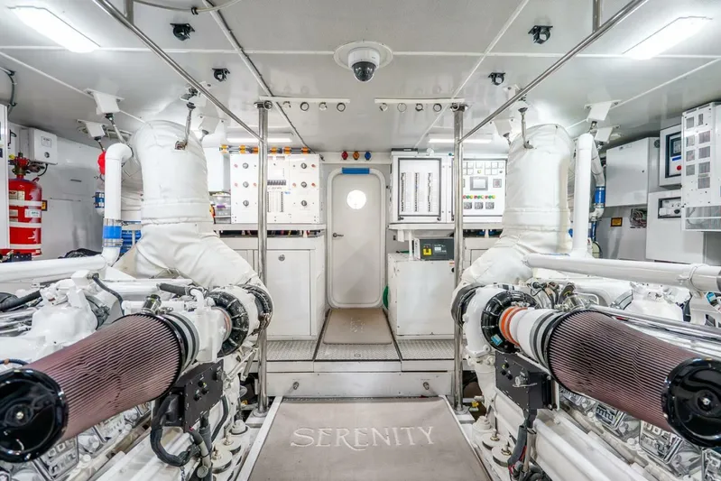 Serenity Yacht Photos Pics Engine room of 2008 Lazzara Motor Yacht, featuring advanced machinery and control panels.