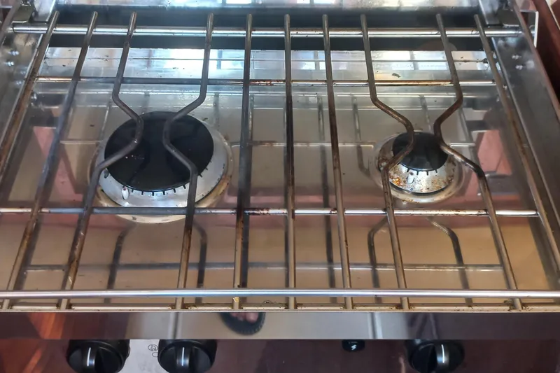 Ivory Star Yacht Photos Pics Stainless steel stove with two burners on a 1999 Island Packet 350 yacht.