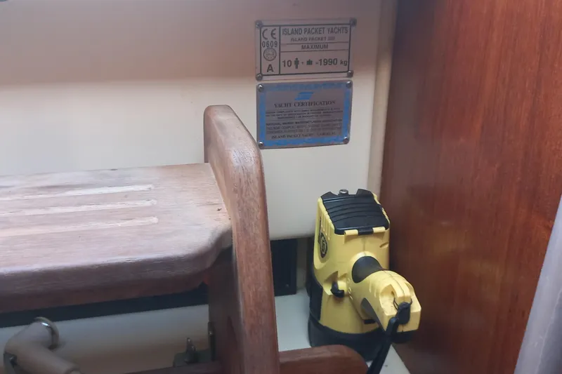 Ivory Star Yacht Photos Pics Interior of 1999 Island Packet 350 yacht with certification plaques and equipment.