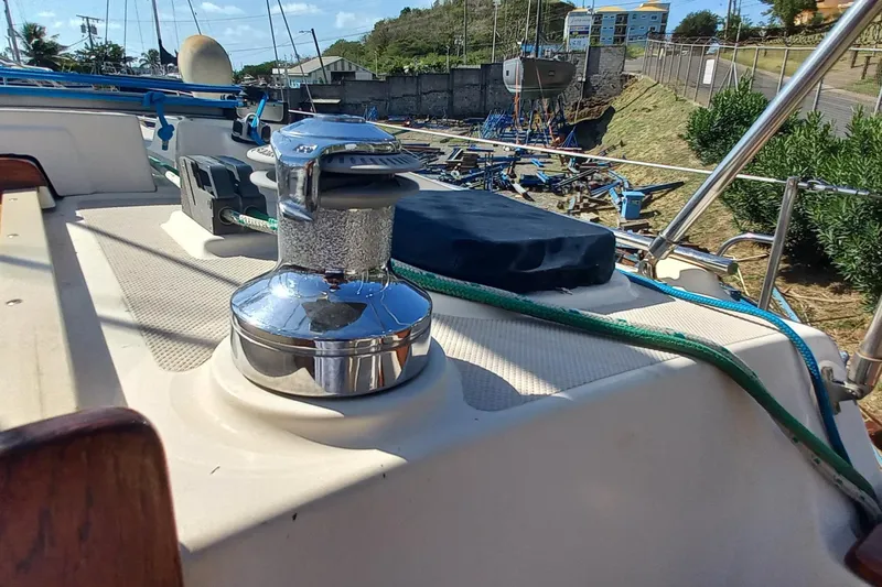 Ivory Star Yacht Photos Pics Deck view of a 1999 Island Packet 350 sailboat with winch and ropes.