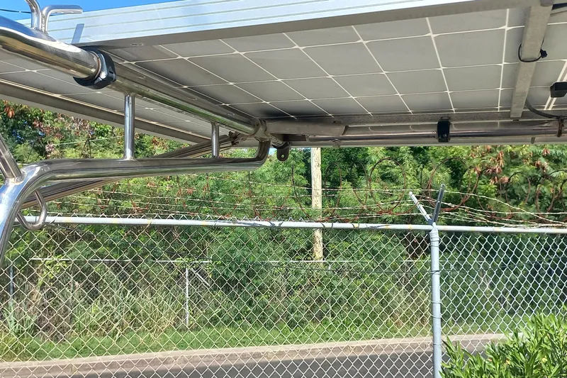 Ivory Star Yacht Photos Pics Solar panel installation on Island Packet 350 sailboat, 1999 model, with stainless steel framework.