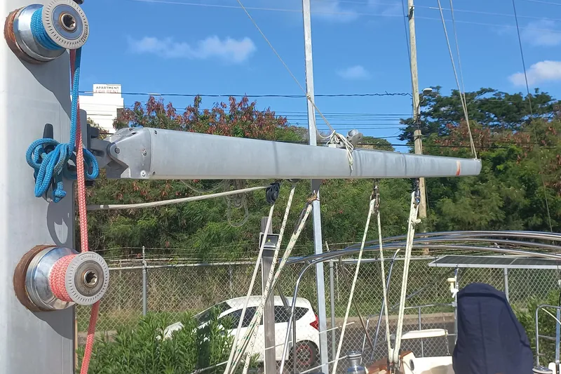 Ivory Star Yacht Photos Pics Sailboat rigging on a 1999 Island Packet 350, featuring ropes and pulleys.