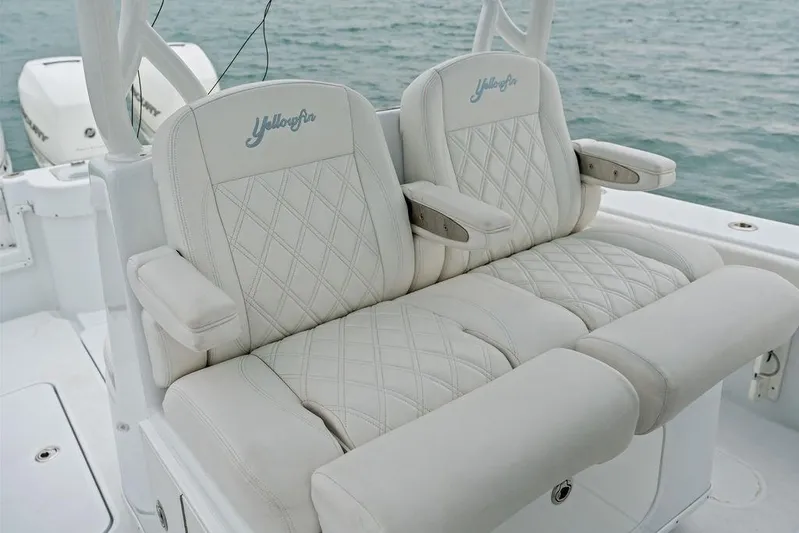  Yacht Photos Pics Luxurious seating on 2021 Yellowfin 36 Offshore boat with diamond-stitched upholstery.