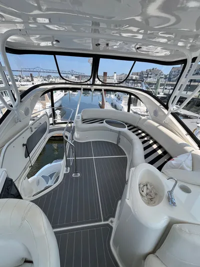  Yacht Photos Pics Luxurious 2008 Meridian 391 Sedan yacht interior with sleek seating and marina view.