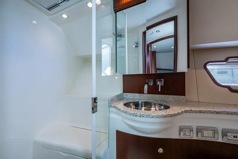 Absent Minded Yacht Photos Pics Luxurious 2014 SeaVee 430 yacht bathroom with modern fixtures and elegant design.